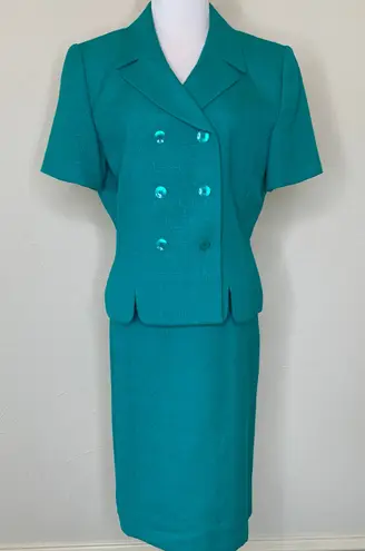 Le Suit Green Skirt Suit Sz Medium Double Breasted Short Sleeve