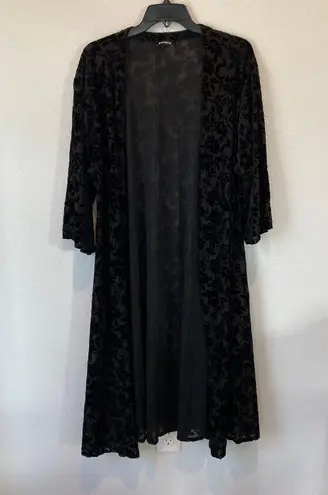 EXPRESS Black Floral Long Line Open Kimono With Sheer Floral Detail Size L