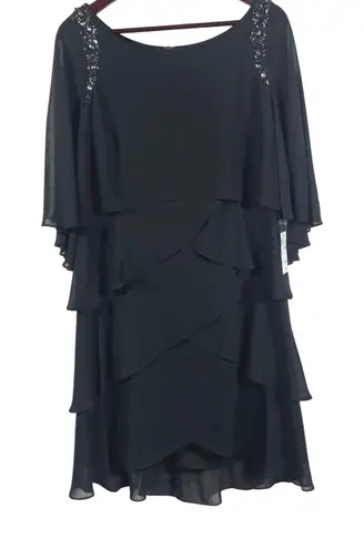 Slny Black Tiered Chiffon Beaded Capelet Overlay Cocktail Dress Size 12