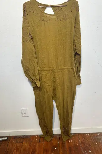 ONE TEASPOON Tobacco Tan Embroidered Lace Cutout Long Sleeve Jumpsuit Size XS Brown