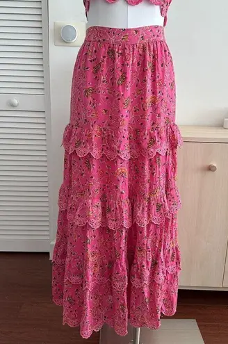 Caroline Constas Skirt Womens Large Floral Lace Tiered Crop Top Matching Co Ord Pink