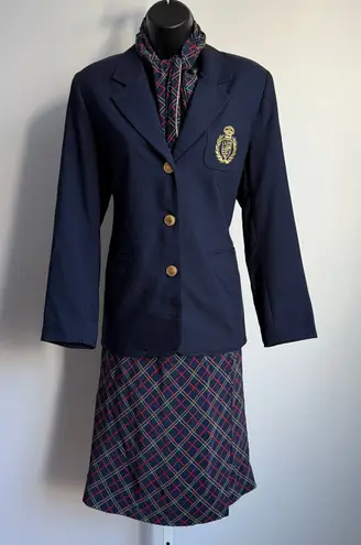 Alfred Dunner Skirt Suit Petite Blazer Plaid Crest Size 6 Blue