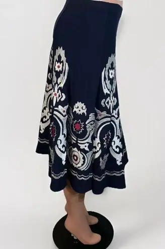 Sunny Leigh Navy & Silver Embroidered Swing Skirt 30s Midi Inspo Women's Size 6