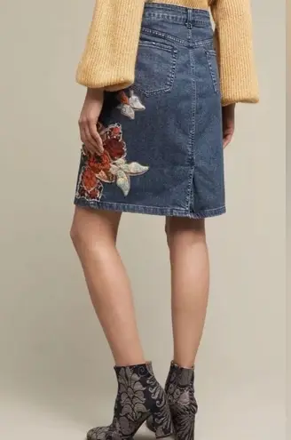 Anthropologie Gardener’s Denim Embellished Skirt Cecilia Prada SP Appliqué Rose