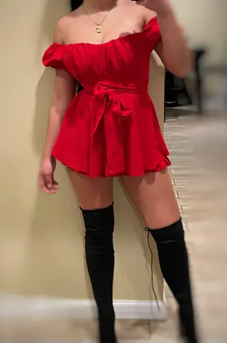 Romper jumpsuit ruffle skorts short sleeve one piece flounce sleeve belted hem Red