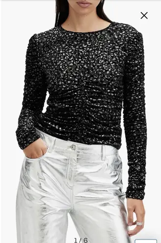 AllSaints Eris Leopard Top Ruched Bodycon Top Blouse Size 2 Black