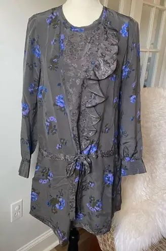 Rebecca Taylor Gray Floral Silk Drop Waist Dress size 4 Long Sleeve Ruffles