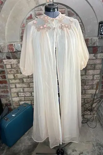 robe chiffon puff sleeve cream pink brown taupe floral 1950s Size L