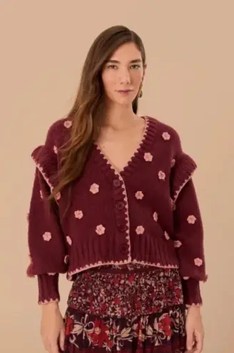 Farm Rio NWT Burgundy Crochet Womens Floral Knit Cardigan Size Small Boho Chic