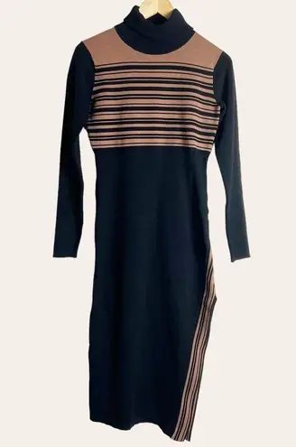 Toccin Blake Striped Ribbed Black Brown Turtleneck Sweater Dress Size S