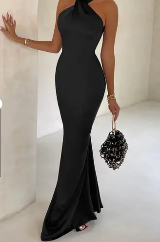 Club L Unstoppable (BLACK SATIN CROSS OVER HALTERNECK MAXI DRESS)