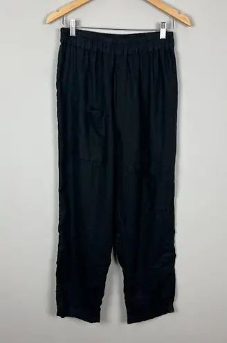 Linen Pants Womens Large Black Lagenlook Minimalist Straight Leg Cropped Stretch