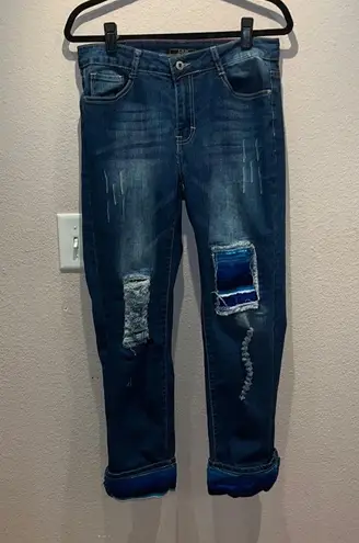 Lucky & Blessed Size 10 Boutique Jeans Blue Serape Fabric details, distressed