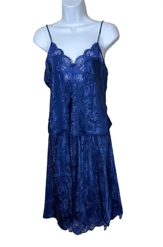 Vintage L A II Royal Blue Satin Lace Trim Cami Slip Skirt Set Medium Size undefined
