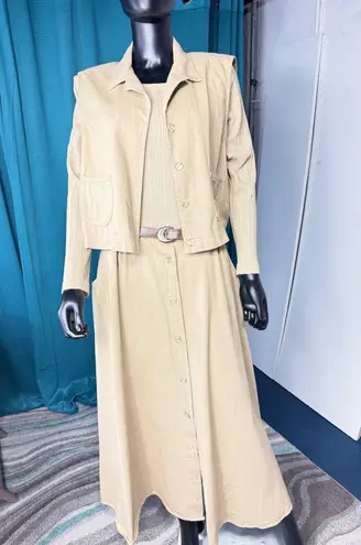 Stuart Alan Vintage 2 Piece Dress Set w/Vest Button Front Tan Maxi Dress Size 14