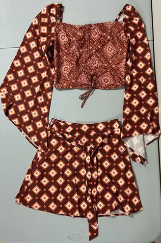 Brown Orange Aztec Geometric Paisley Boho Blouse and Mini Skirt Coords Matching Set 🤎 Size XS