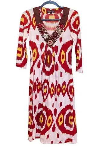 ANTHROPOLOGIE Ranna Gill Silk Kaftan Tunic Ikat Red & Yellow Beaded Size Small Red