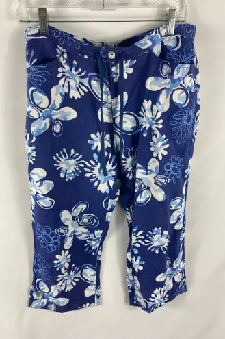Erin London Linen Blend Floral Print Tie Waist Crop Pant Size Medium Blue - Image 1