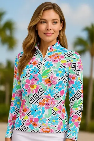 IBKUL Women's Hera Floral Print UPF 50 Size M Mock Neck Zip Top Golf Tennis Pink Size M