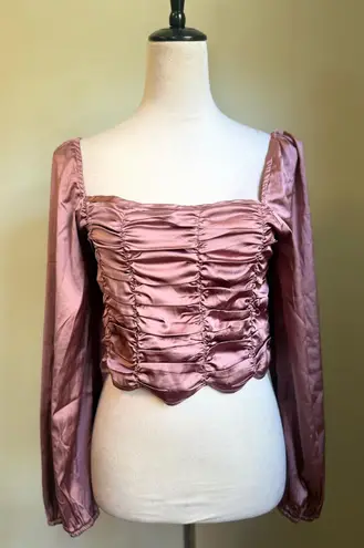 Boho fairy cottage whimsi Ruched Long Sleeve Crop Top large Blouse Mauve Pink L