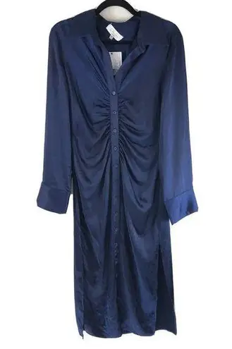L'Academie Button Up Midi Shirt Dress Shirring Satin Long Sleeve Collar Navy S
