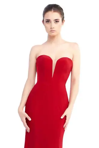 Mac Duggal Bustier Gown Women's 8 Red Strapless Sweetheart Maxi Pooled Train