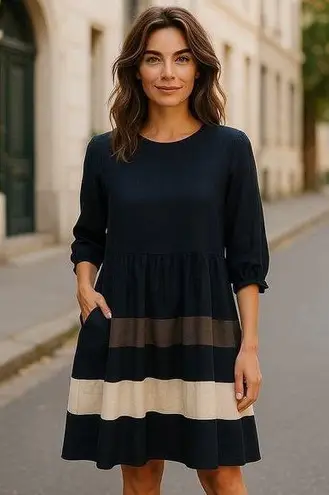 Korean Fashion DoDry Linen Semi Formal Dress Medium Navy Blue Business Casual