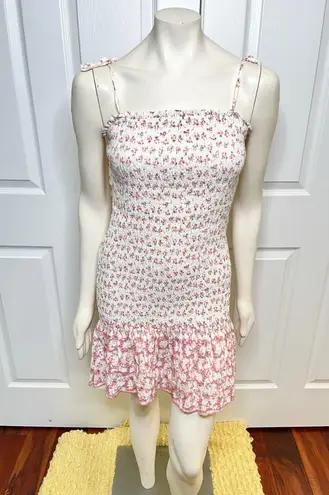 The Impeccable Pig Hello Darling White Floral Smocked Mini Dress w/ Eyelet Hem
