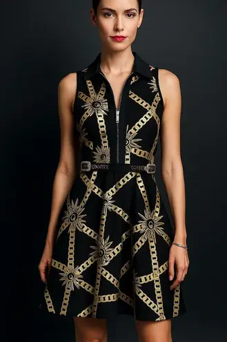 Barok Paris NJ Couture Black & Gold Scuba Material Sleeveless Dress NWT
