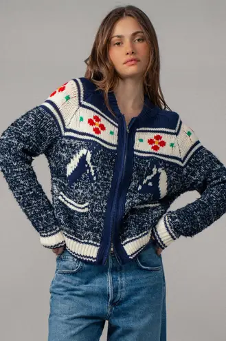 Urban Daizy Floral Yoke Zip-Up Knit Cardigan