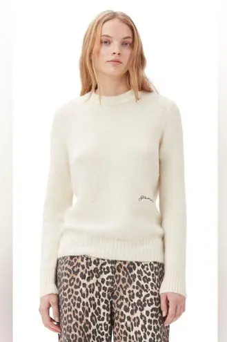 Ganni WHITE BRUSHED ALPACA O-NECK SWEATER