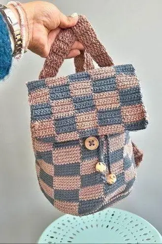 Handmade Crochet Checkered Mini Backpack Y2K aesthetic dusty blue