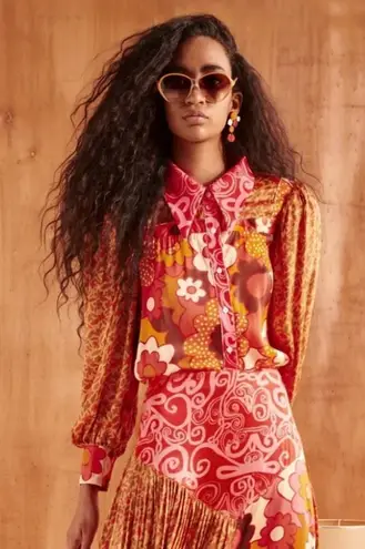 CeliaB Roman Satin Shirt Long Sleeve Floral Print Blouse Retro XS Brown