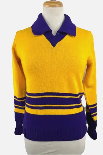 Vtg Dallas Knitting 34 XS/S Sweater Purple Gold Orlon Acrylic Collared V