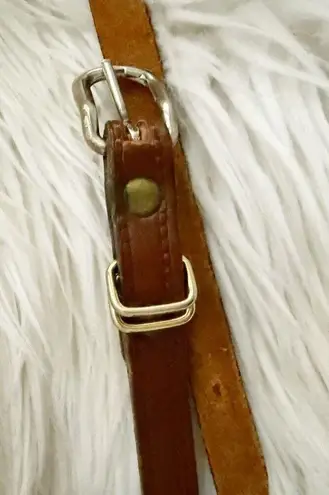 THE LEATHER SHOP | Skinny Brown Leather Belt Thin Buckle Stamped Edge | 35"