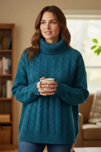 Sundance Teal Cable Knit Turtleneck Sweater | Cozy Coastal Fall Classic Size S
