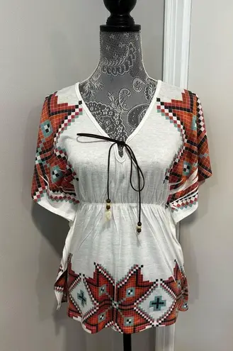 julie's closet Julie’s Closet Southwest Aztec Lightweight Flutter Sleeve Top. Vneck Lightweight