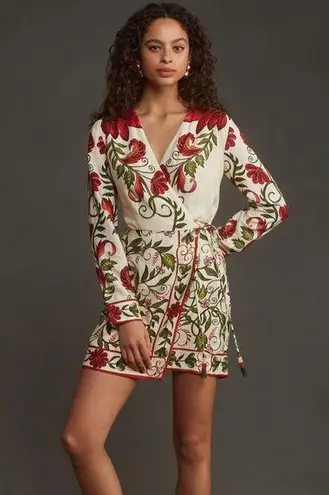 Farm Rio NWT  Long-Sleeve Printed Wrap Mini Dress Ted Motif Size L