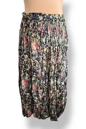 Vintage 90s Black Dark Floral Crinkle Maxi Skirt Pleated Semi Sheer Tie Waist Size L