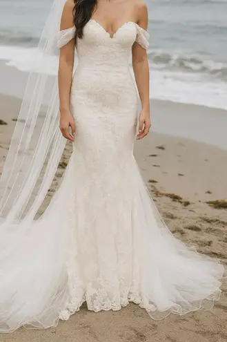 Maggie Sottero Off The Shoulder Beaded Wedding Gown with Lavender Train White Size XS