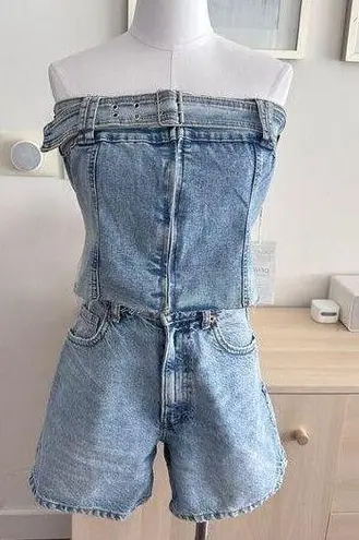 Denim Strapless Tube Top Womens Large Bustier Corset Belted Zip Blue