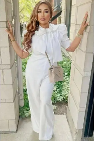 Black Halo Ara Tie Neck Puff Sleeve Jumpsuit in Pearl Size US 8