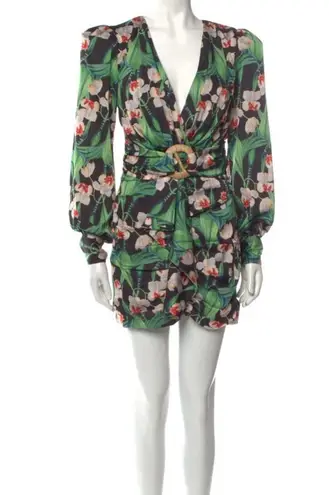 PatBO | Green Floral Print Mini Wrap Dress Long Sleeves | XS