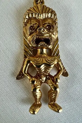 Vintage Hawaiian Tiki Pendant Necklace Gold Tone Chain Tribal God Charm Jewelry