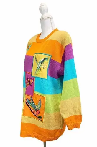 Vintage Rainbow Oversized Medium Knit Embroidered Sweater Patchwork
