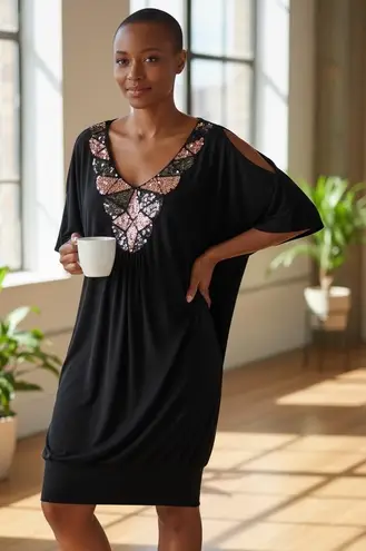 C Graffitti Sequin Cold Shoulder Black Tunic Dress XL V Neck Dolman Sleeve