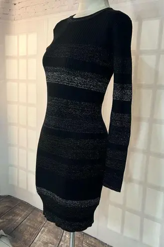 John + Jenn Black and Silver Grey Striped Ribbed Bodycon Long Sleeve Dress Size