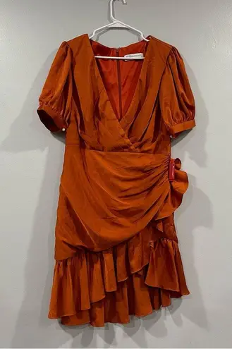 Mac Duggal 26928 Short Sleeve Faux Wrap Puff Sleeve Dress 10 NWOT