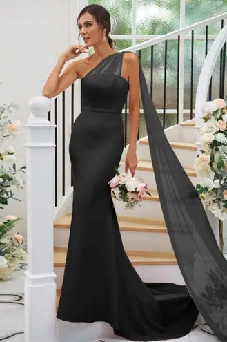 Hebeos Sheath Stretch Crepe Ruched One-Shoulder Sweep/Train Dress, Black