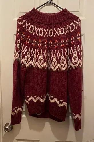 Hand Knit Sweater Burgundy Patterned Turtleneck Sweater White Size L